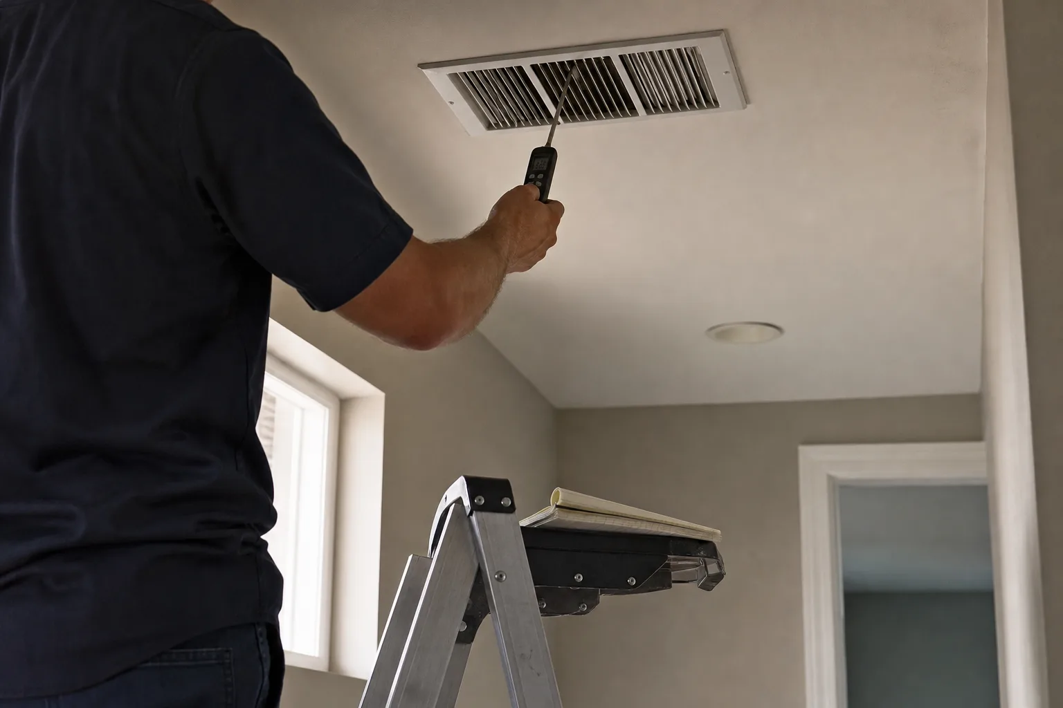 A probe thermometer held in the airflow at a ceiling supply register - for AC Not Cooling / Blowing Warm Air in Santa Ana, CA