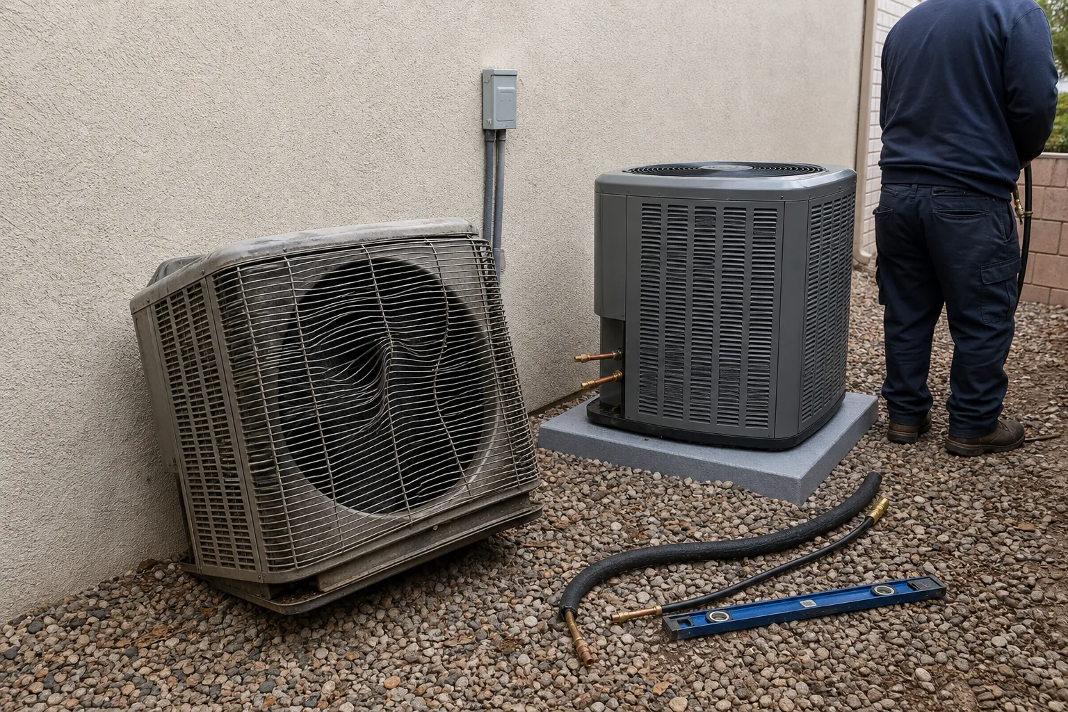 An old condenser pulled aside next to a new condenser on a fresh pad - for Central AC Replacement in Santa Ana, CA
