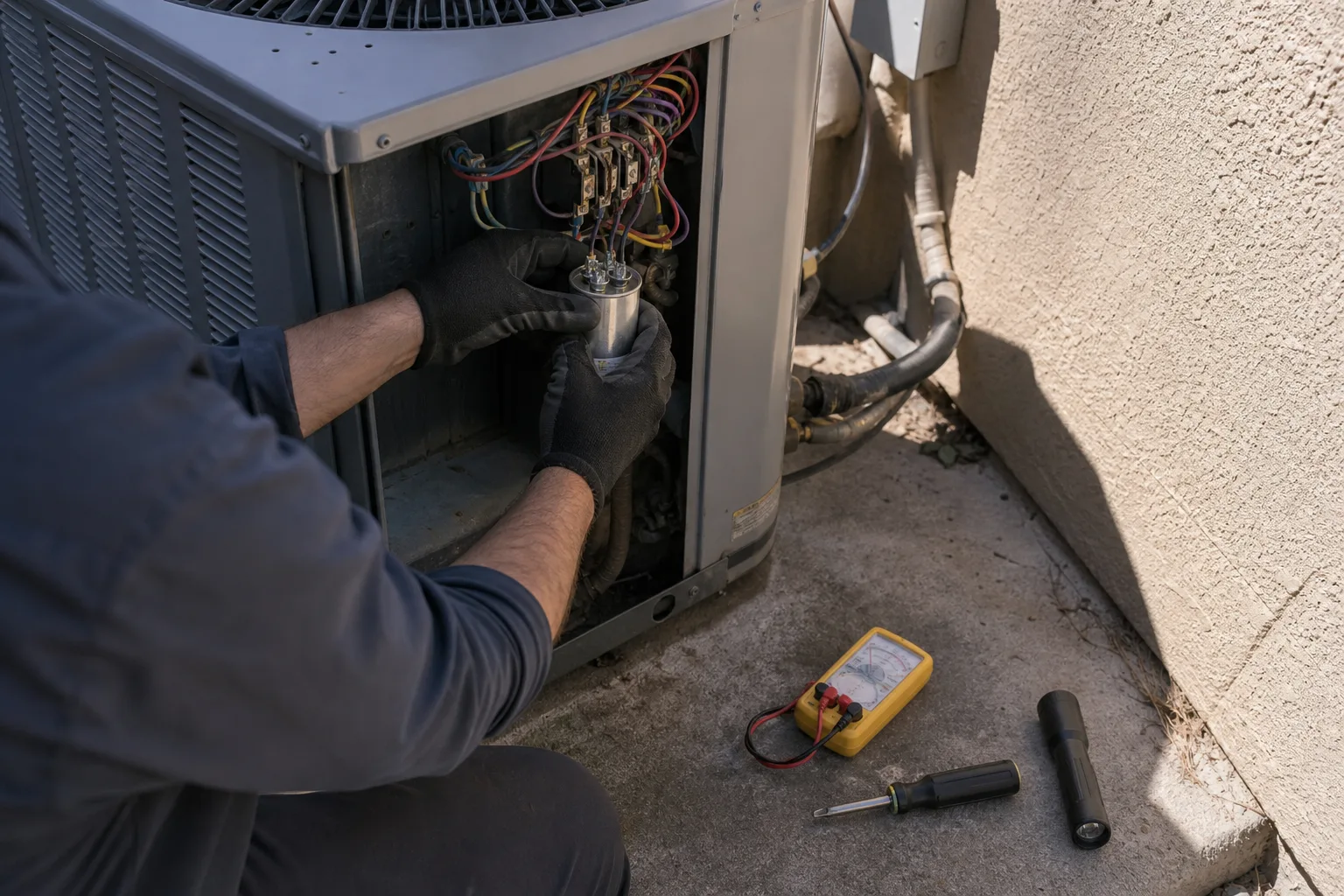 Gloved hands replacing a run capacitor in an outdoor air-conditioner unit - for Emergency AC Repair in Santa Ana, CA