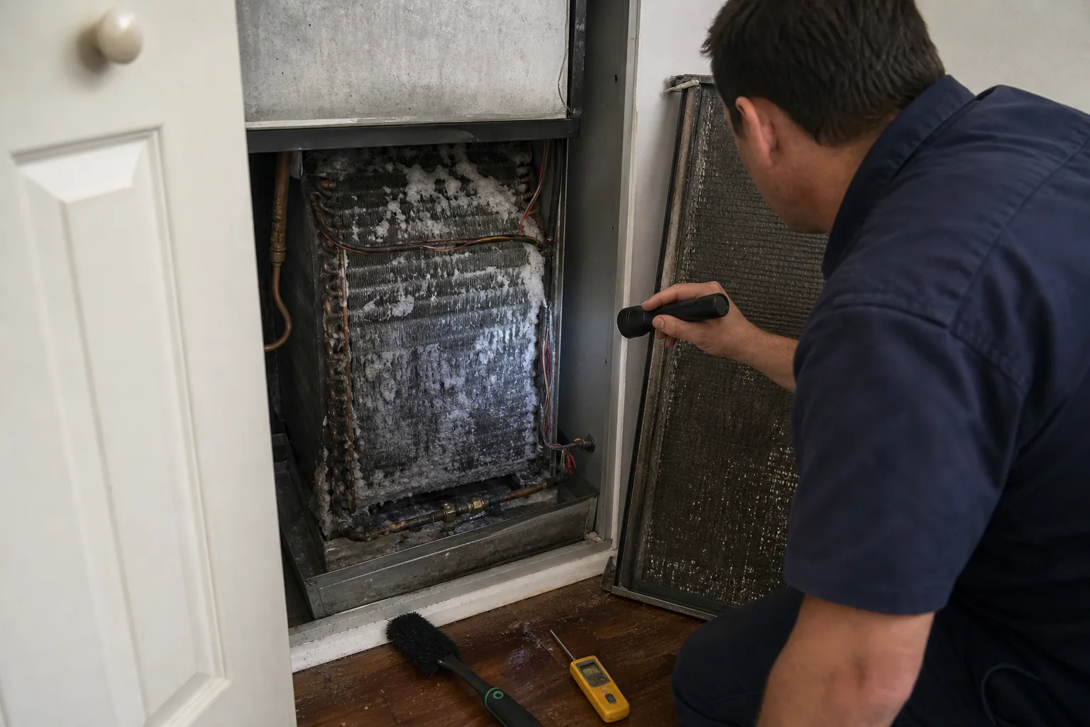An iced evaporator coil behind an opened access panel - for HVAC in Santa Ana, CA