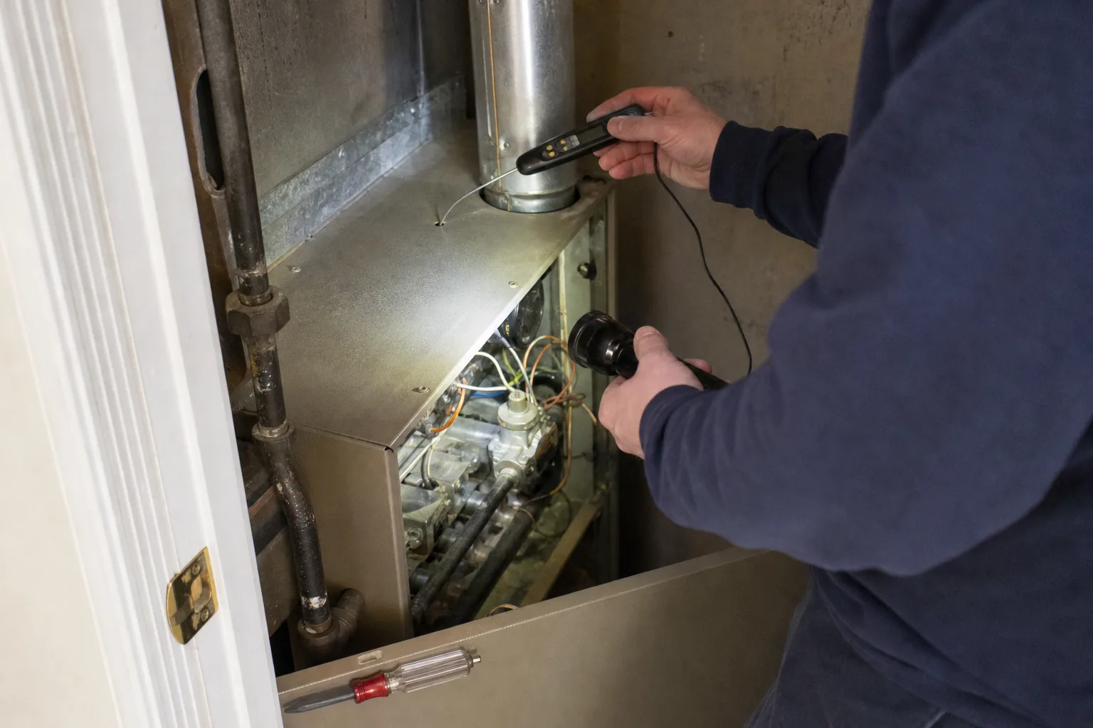 A probe thermometer in the supply plenum above a gas furnace - for Furnace Blowing Cold Air in Santa Ana, CA