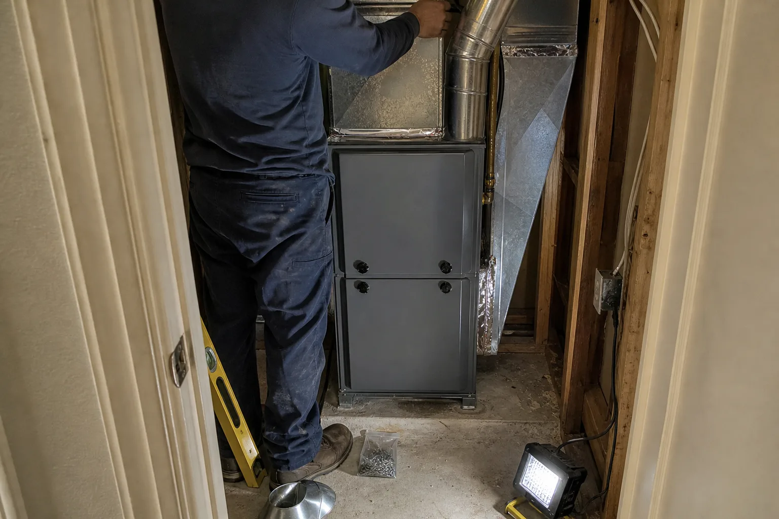 A new furnace set in a hall closet with its vent pipe and plenum connected - for Furnace Installation in Santa Ana, CA