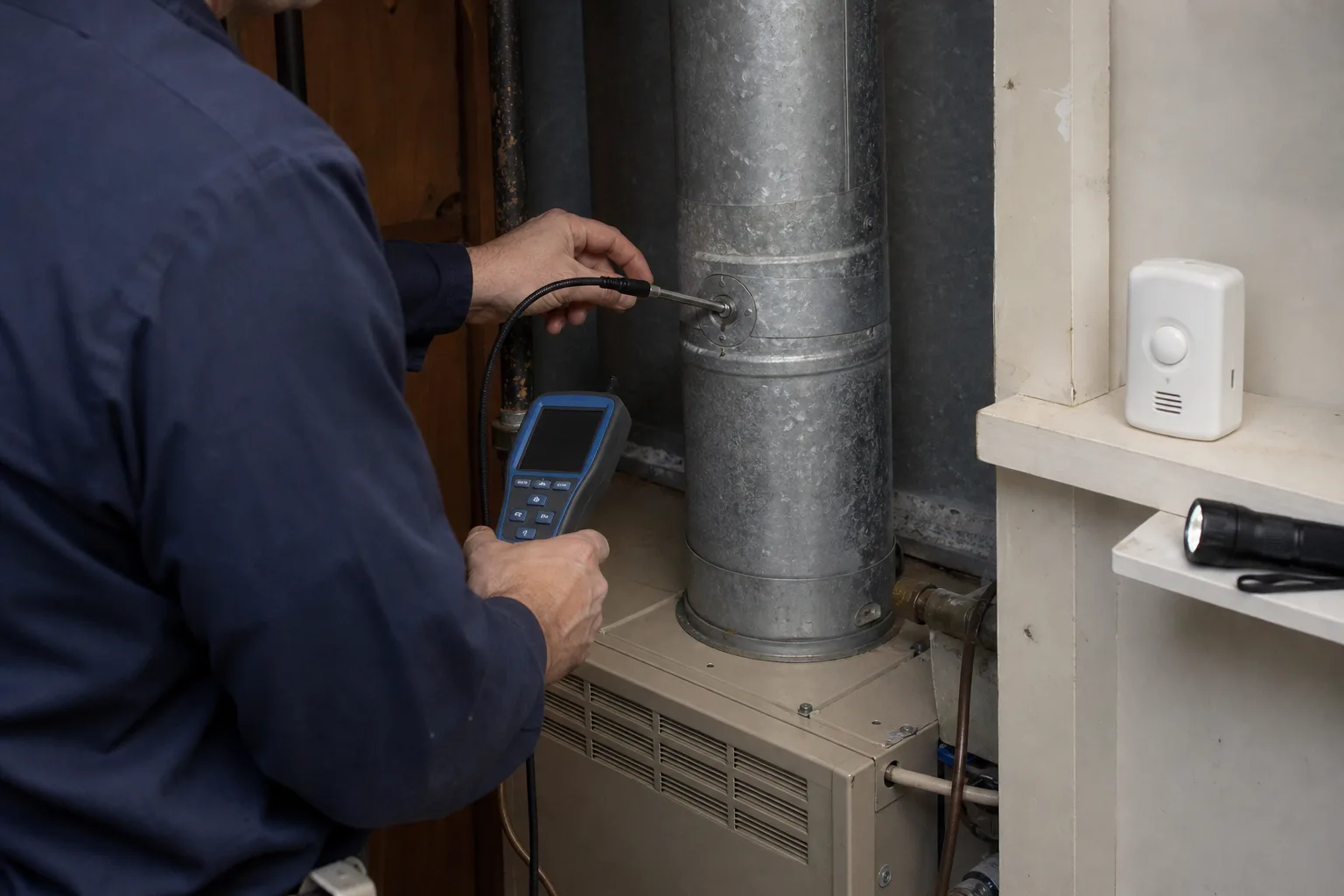 A combustion analyzer probe in a furnace flue with a carbon monoxide alarm nearby - for Gas Furnace Safety Signs in Santa Ana, CA