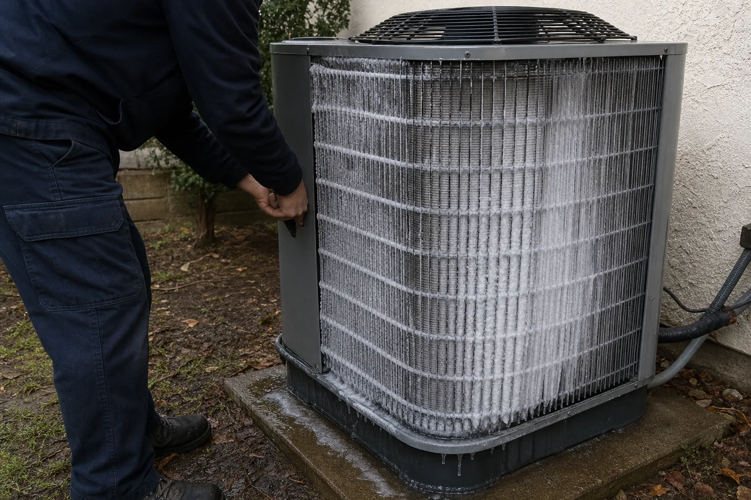 An outdoor heat pump with frost on its coil and ice in its base pan - for Heat Pump Outdoor Unit Icing in Santa Ana, CA