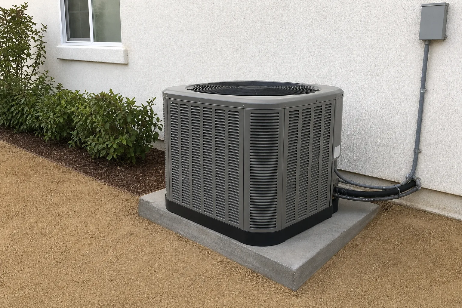 An outdoor central air conditioning condenser on a ground pad beside a stucco home wall - for HVAC in Santa Ana, CA