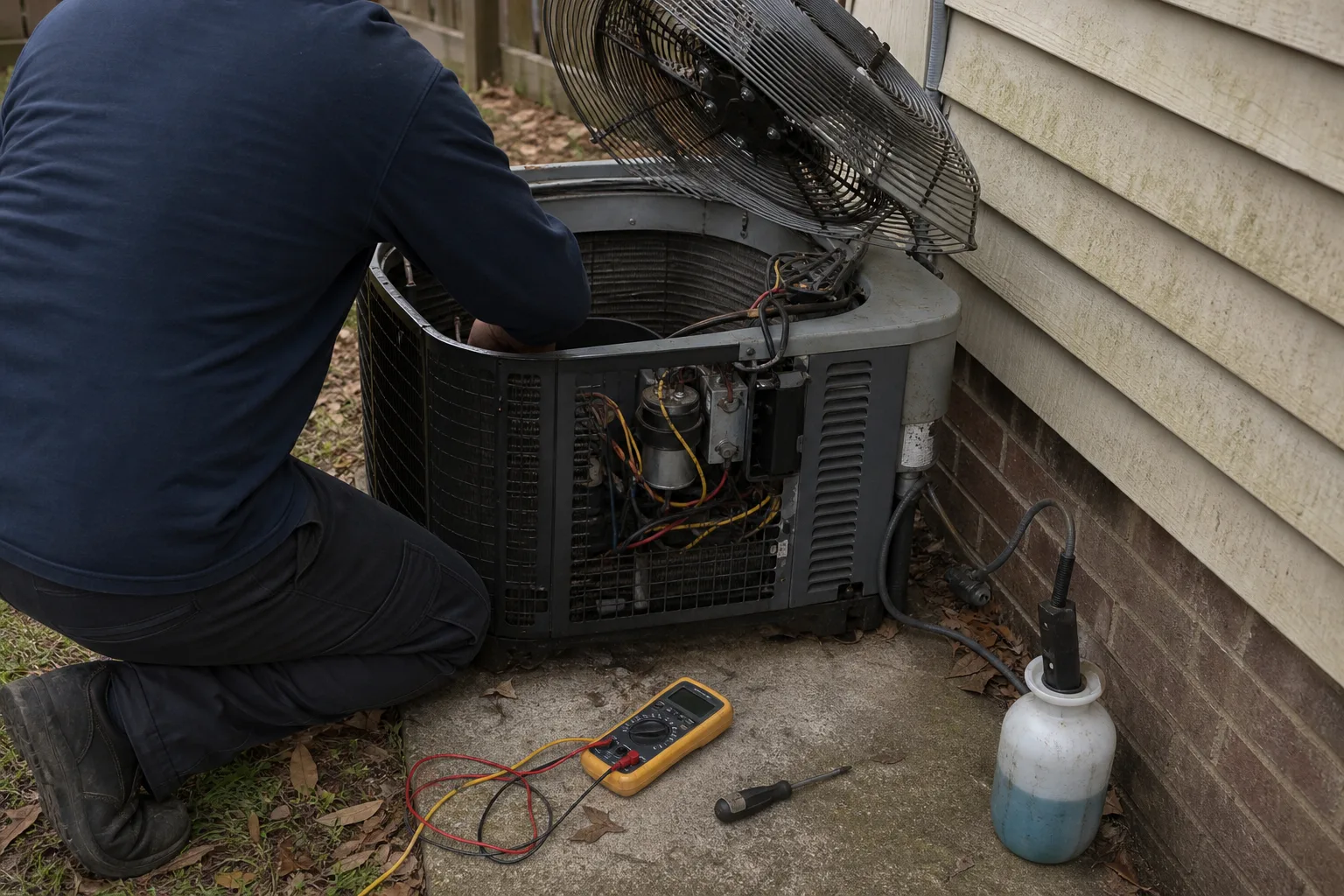 A technician working beside an outdoor air-conditioner with the fan guard lifted - for AC Repair and Central AC Replacement in Santa Ana, CA