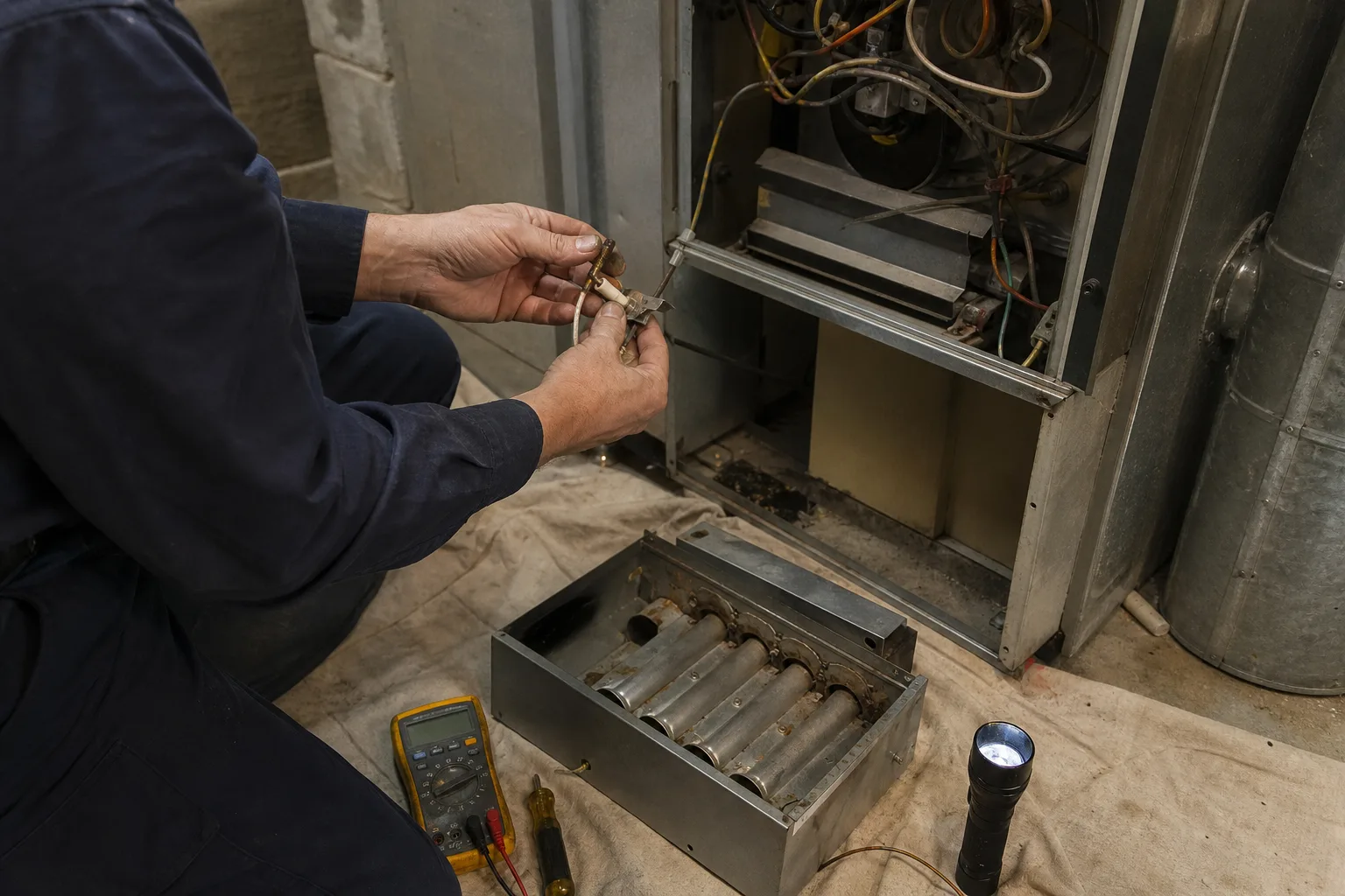 A technician replacing a furnace igniter - for Heating / Furnace Repair and Installation in Santa Ana, CA