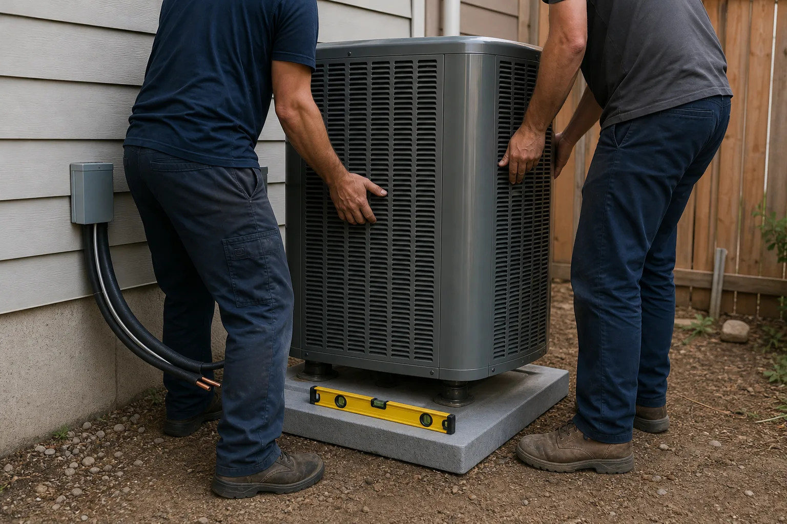 Two technicians setting a new air-conditioner condenser on a pad - for Heat Pump Services in Santa Ana, CA