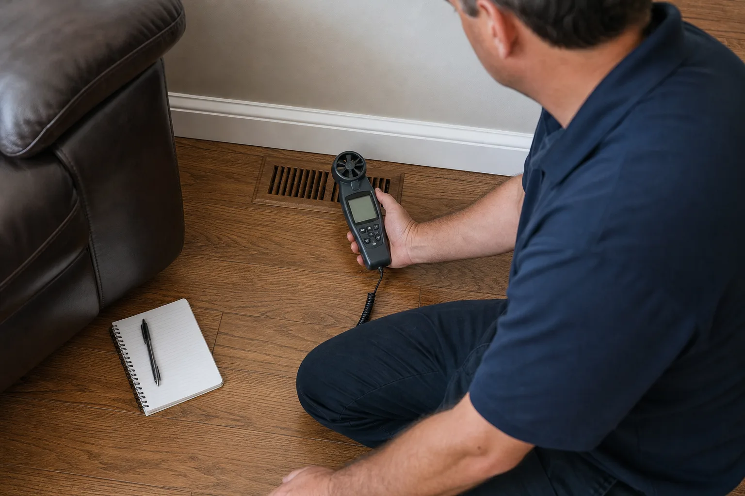 A technician measuring airflow at a floor register - for Ductwork Repair and Replacement in Santa Ana, CA