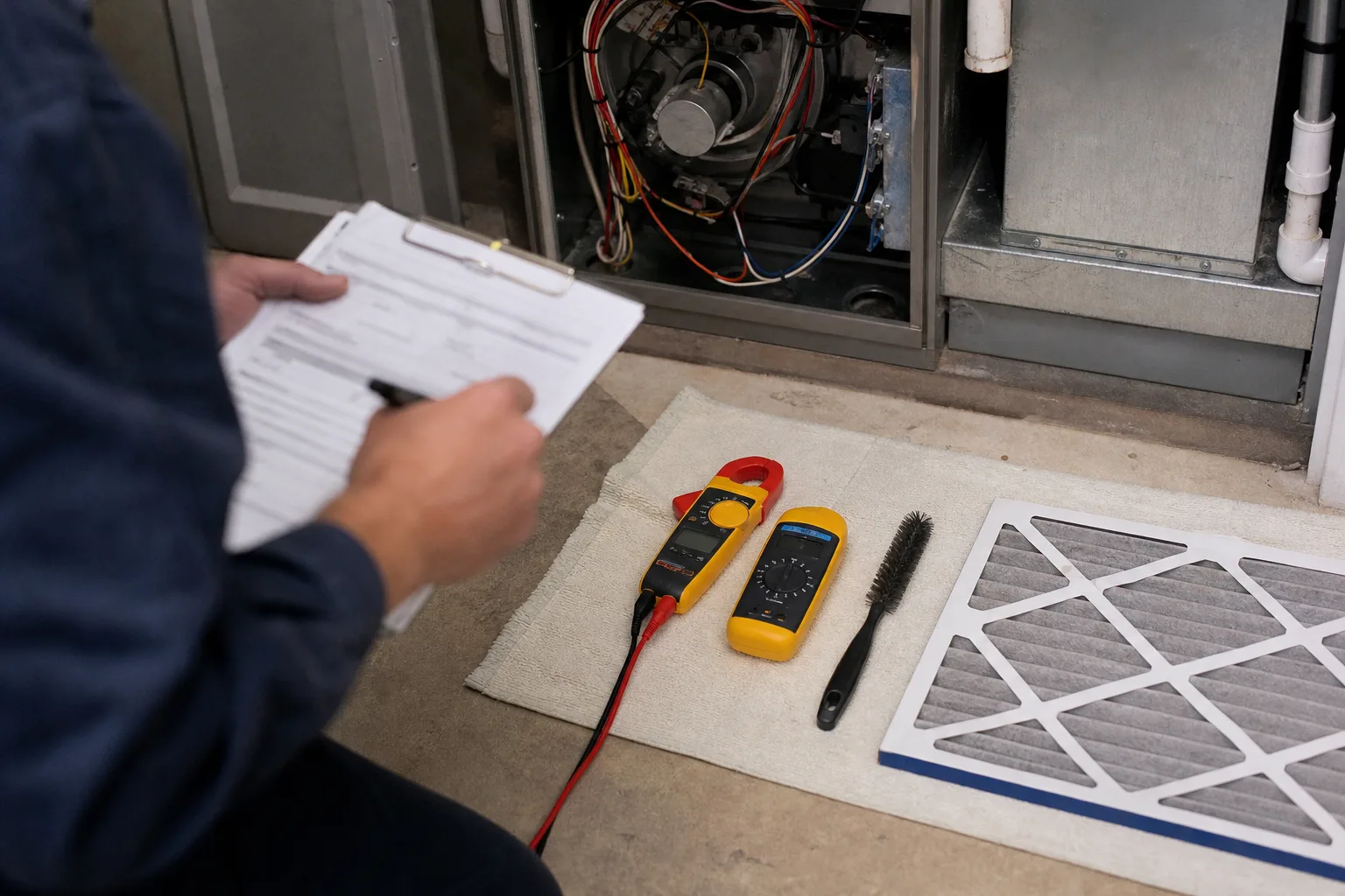 A clipboard and a row of testing tools laid out before a maintenance visit - for HVAC Maintenance / Tune-Up in Santa Ana, CA