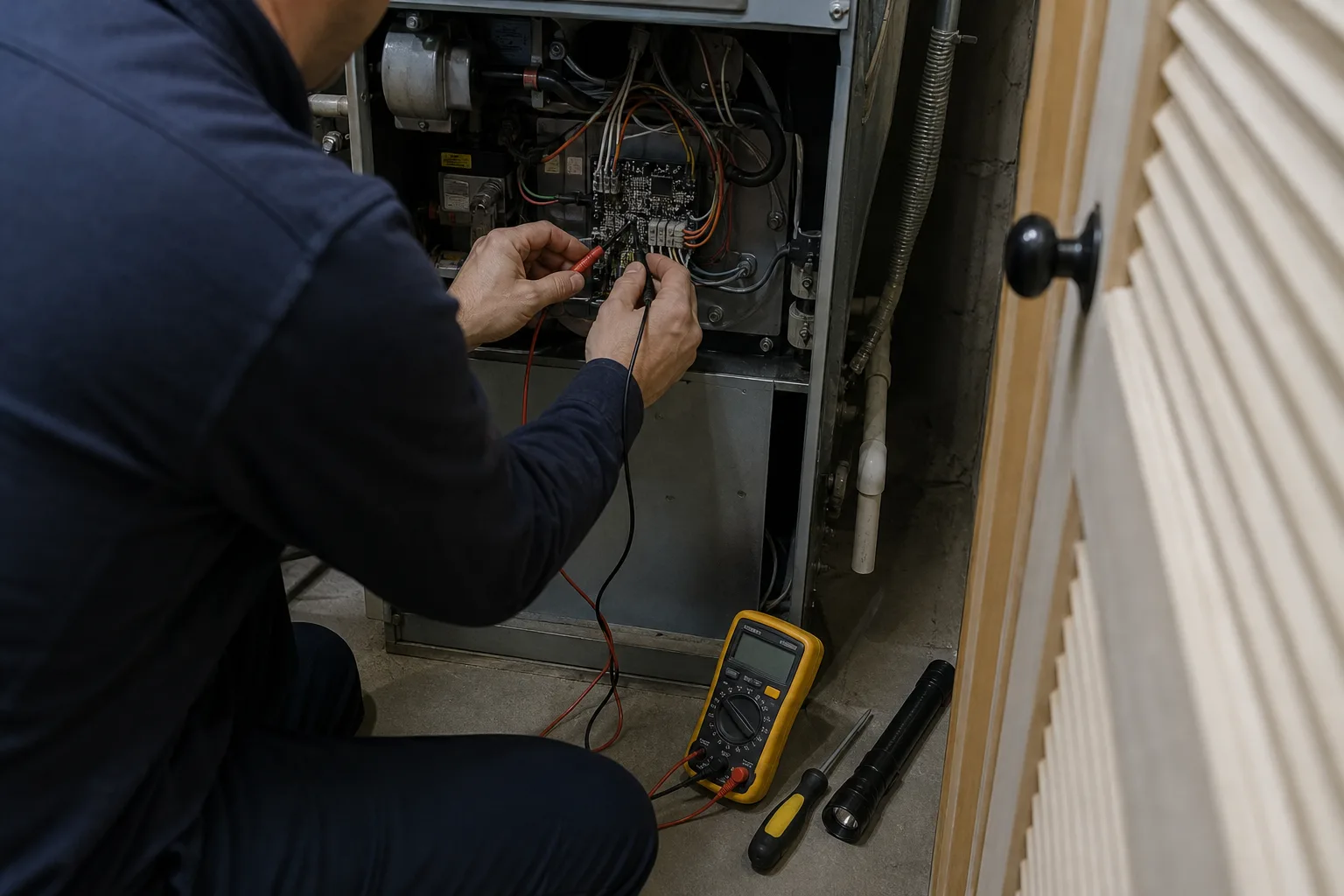 A technician checking wiring on a furnace control board with a multimeter - for the Santa Ana information service About page